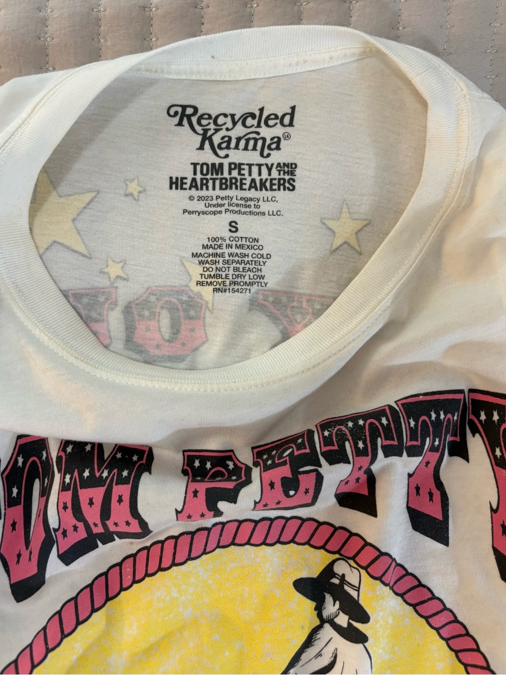 Recycled Karma White Tom Petty Graphic Tee with Pink and Yellow Print- sz S - Picture 4 of 4